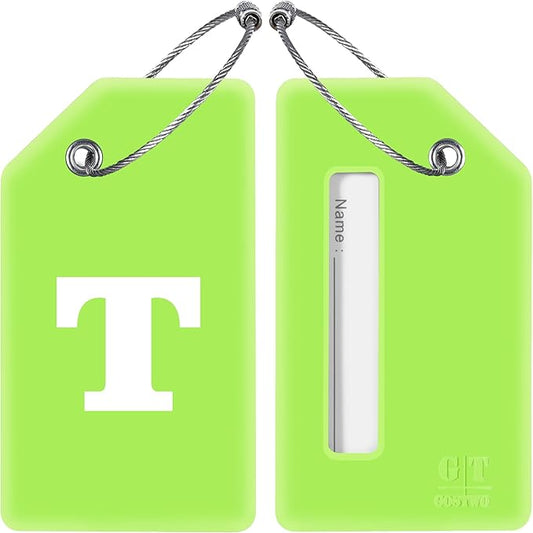 Gostwo 2 Pack Silicone Luggage Tags for Suitcases, 26 Initial Letter Baggage Labels Handbag School Bag Suitcase Instrument Tag with Stainless Steel Loop(Green)(Letter T)