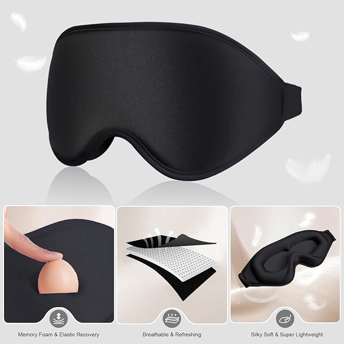 3D Sleep Mask with Earplugs, 100% Light Blackout Eye Mask for Sleep, Washable Sleeping Mask, 0 Pressure Eye Covers for Sleep with Wider Adjustable Strap, Only 1.3oz Light Soft Sleeping Mask (Black)