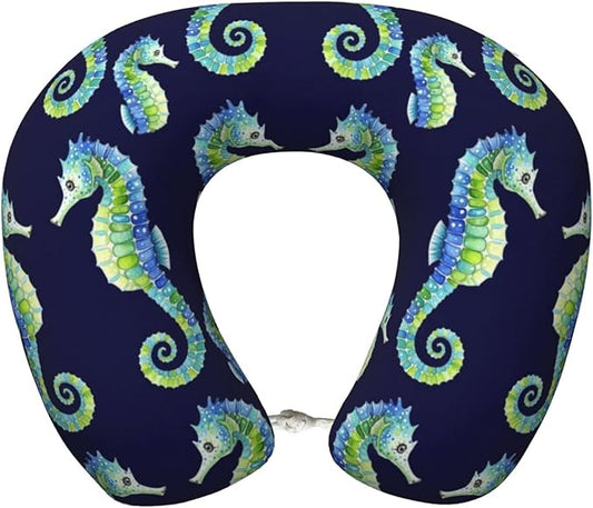 Memory Foam Airplane Pillow Seahorses for Car Chin Head Neck Supporting, U Shape Pillows Travel Cushion for Office, Nap Sleeping