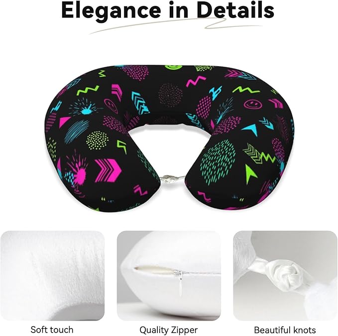 Breathable Neck Pillow for Sleeping Rest Nap 80s 90s Geometric, Airplanes/Car/Home Memory Foam Travel Cushion with Polyester Cover Washable for Women Men