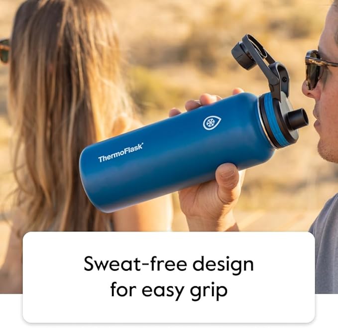 ThermoFlask Bottle with Spout Lid - Stainless Steel Water Bottles with Double-Wall Insulation & BPA-Free Spout Lids - Leak-Proof Reusable Bottles & Lids - 40 oz, Superior Blue / Mauve (2 Pack)