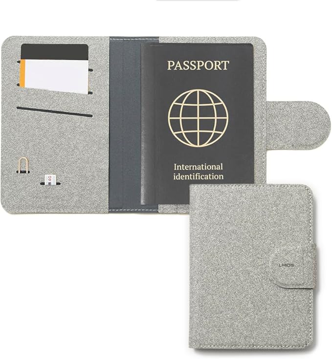LHiDS Leatherette Passport Holder with RFID Protection, Premium PU Leather, Snap Button Closure, Travel Passport Wallet Cover for Passport, Boarding Passes, Business Cards, Cash (Grey)