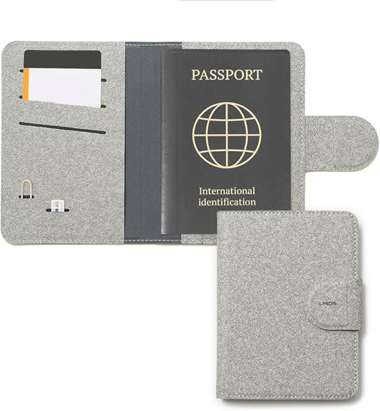 LHiDS Leatherette Passport Holder with RFID Protection, Premium PU Leather, Snap Button Closure, Travel Passport Wallet Cover for Passport, Boarding Passes, Business Cards, Cash (Grey)
