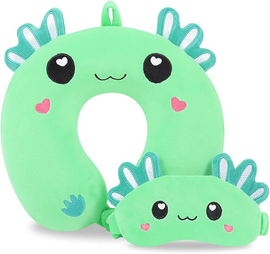 Travel Pillow, Kids Travel Pillow with Sleep Eye Mask Soft Memory Foam Kids Neck Pillow for Boys & Girls, Travel Accessories for Car Airplane Traveling - Green Axolotl