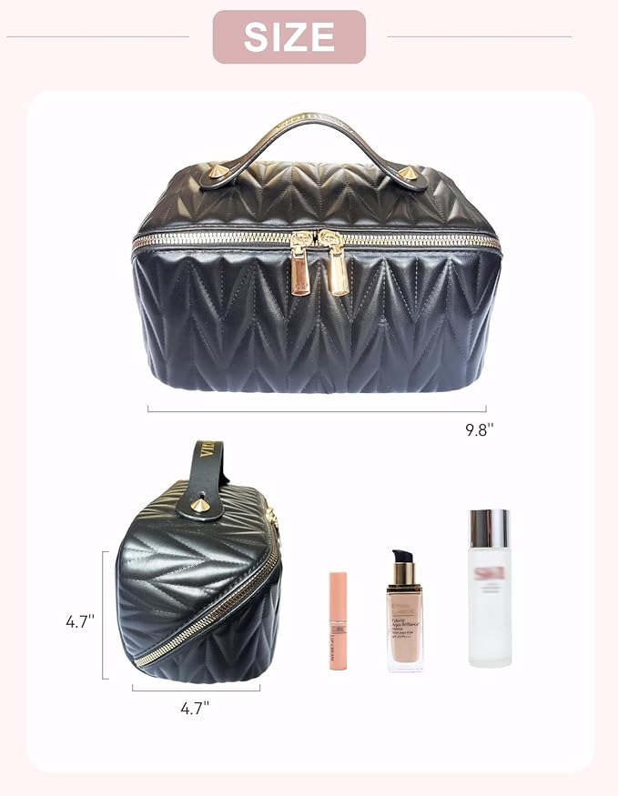 Travel Makeup Bag for Women, Large Capacity Cosmetic Bags for Girls, Compact Pouch Make up Organizer, Waterproof Toiletry Bag with Divider and Handle (Black)