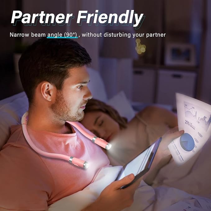 Vekkia Rechargeable LED Neck Reading Light, Book Lights for Reading in Bed, 3 Brightness Levels, Flexible Soft Silicone Arms Comfortable Wear, Long Lasting, Perfect for Craft & Knitting, Pink