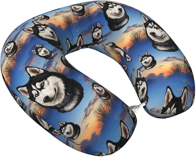 Neck Travel Pillow, Women Men Washable Airplane Car Pillows Funny Alaska Husky Dog, Head Support Rest U Shaped Cushion Comfortable for Watching TV