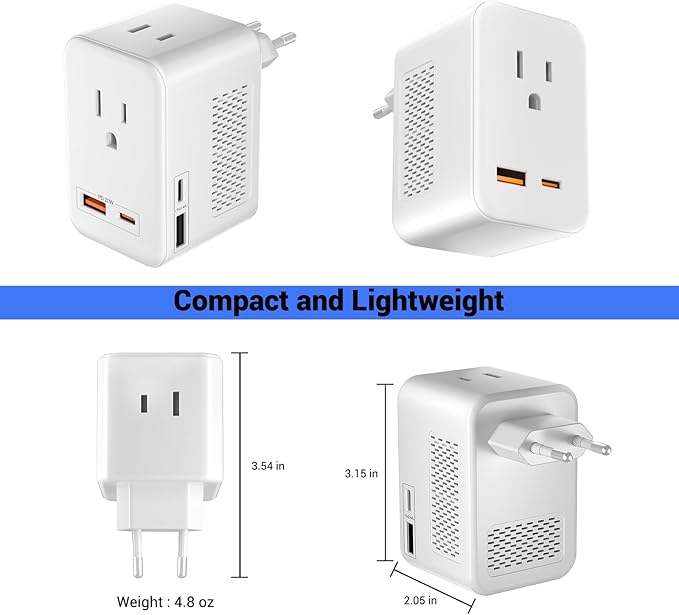 220V to 110V Voltage Conversion Plug Adapter for Traveling from USA to Europe with 2 USB and 2 USBC Ports PD 20 W, 2 AC Outlets International Power Adapter