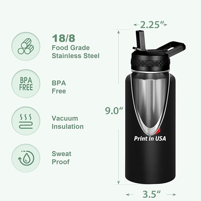 Personalized Custom Print in USA Water Bottle 75Pcs 32oz Stainless Steel Double Wall Coffee Cup with Lid & Straw Insulated Tumbler with Colorful Text Logo Photo