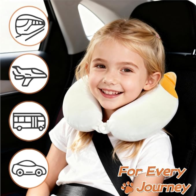 Kids Neck Pillow for Travel with Sleep Eye Mask, Cute Travel Neck Pillow, Memory Foam Flight Sleeping Headrest Pillow for Boys & Girls, Airplane, Train, Car, Home Use - Tricolor Cat