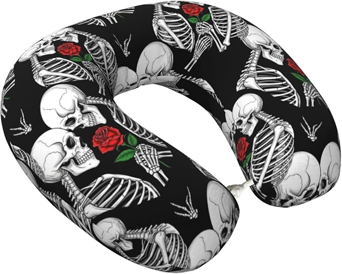 Neck Travel Pillow, Women Men Washable Airplane Car Pillows Rose Flower Skull Love Skeleton, Head Support Rest U Shaped Cushion Comfortable for Watching TV