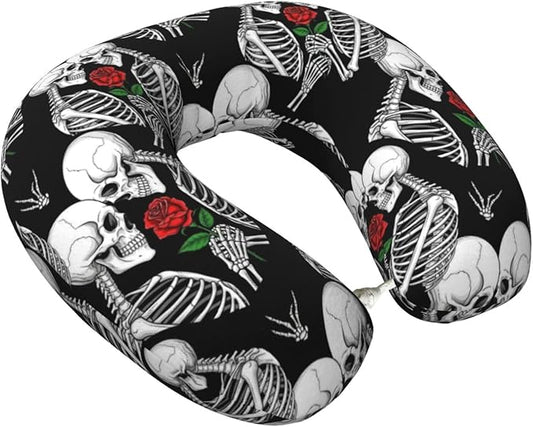 Neck Travel Pillow, Women Men Washable Airplane Car Pillows Rose Flower Skull Love Skeleton, Head Support Rest U Shaped Cushion Comfortable for Watching TV