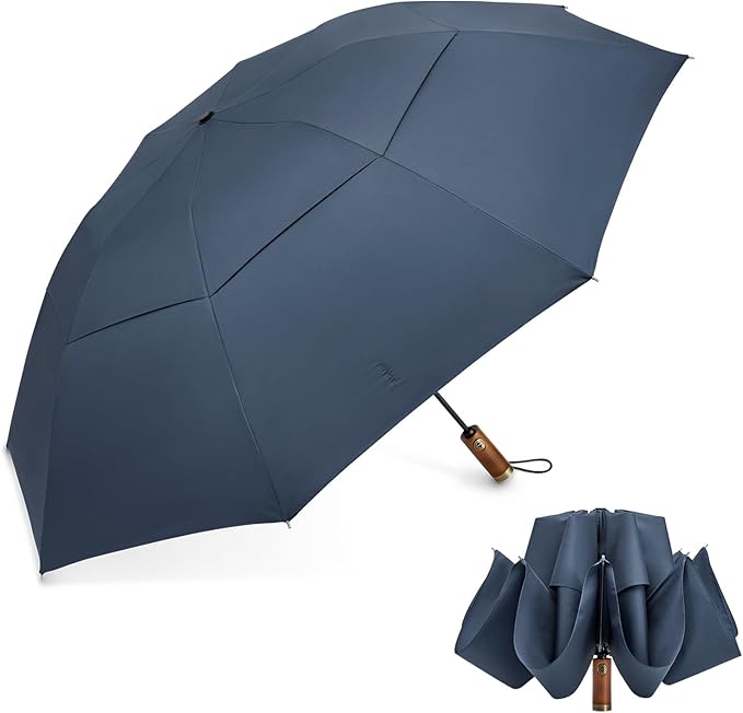 G4Free 54 Inch Inverted Windproof Umbrella with Wooden Handle, Large Double Canopy Auto Open & Close Golf Umbrella, Portable & Durable Rain Umbrella, Fits Car & Backpack