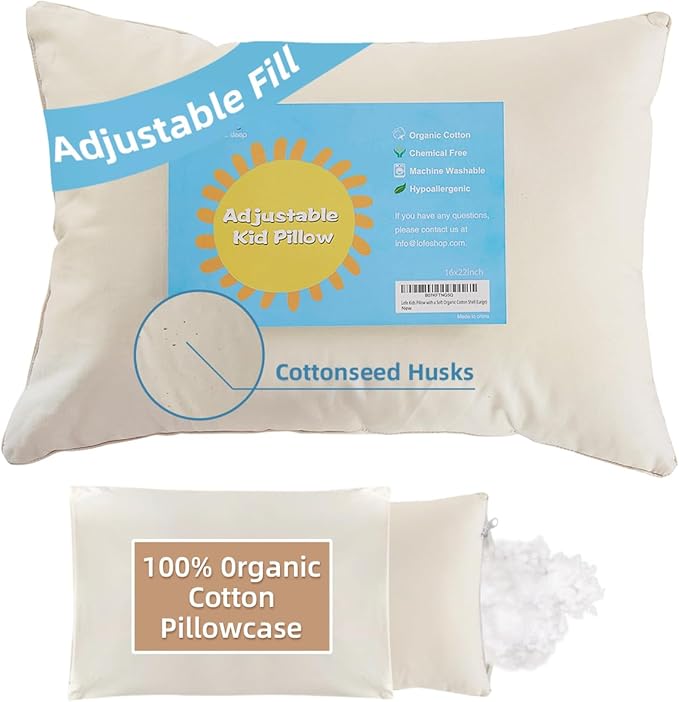 LOFE Organic Kids Pillow with Pillowcase - 16x22 Toddler Pillow with 100% Organic Cotton Shell, Adjustable Loft Youth Pillow, Machine Washable Organic plilow, Soft, Perfect for Kids&Youth&Children