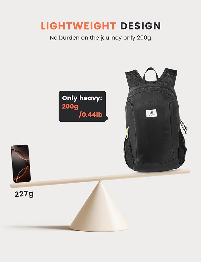 SKYSPER 16L Hiking Backpack Lightweight Small for Women Men, Foldable Packable Daypack - Travel Camping Backpack, Outdoor Hiking Bag （Black）