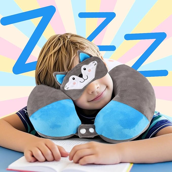 Sexysamba Travel Pillow for Kids Adults with Sleep Eye Mask Cute Cartoon U Shaped Memory Foam Neck Pillows for Travel Head Rest & Neck Support for Airplane, Car, Office Sleeping, Grey Wolf