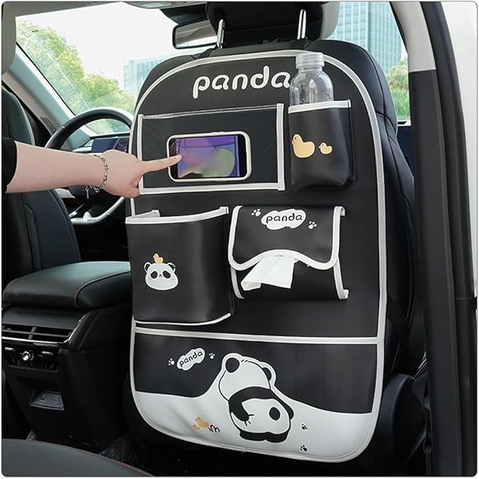 YUNZLAN Cute Panda Leather Car Backseat Organizer 1 Pack Car Seat Back Protectors with Clear 10" Tablet Holder + 4 Storage Pockets