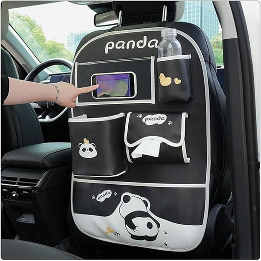 YUNZLAN Cute Panda Leather Car Backseat Organizer 1 Pack Car Seat Back Protectors with Clear 10" Tablet Holder + 4 Storage Pockets
