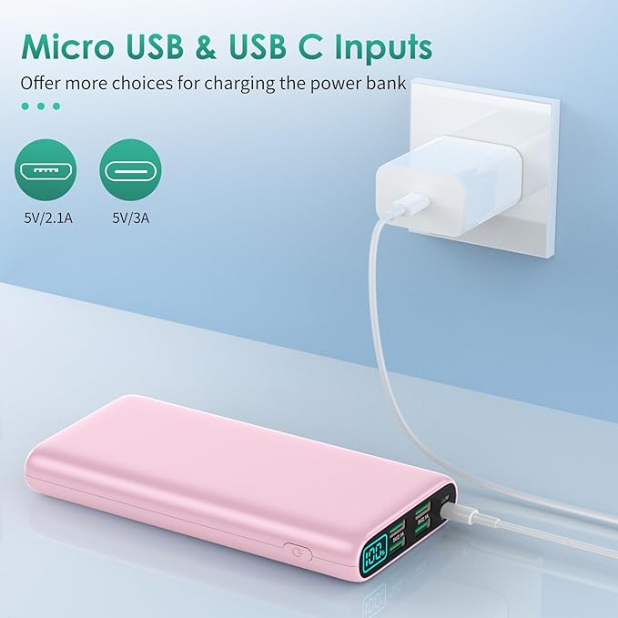 Portable Charger 38800mAh,LCD Display Power Bank,5 USB Outputs Battery Pack Backup, USB-C 3A in&out Travel Essential Portable Phone Charger For iPhone 17/16/15/14/13 Pro/12,Android Samsung Galaxy-Pink