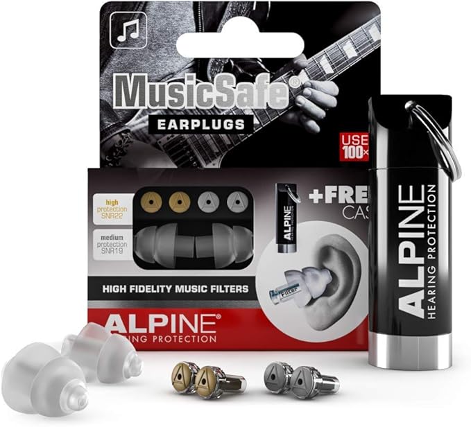 Alpine MusicSafe - High Fidelity Earplugs for Musicians - 2 Interchangeable Filter Sets: 19 & 22 dB - Professional Musician Hearing Protection - Transparent