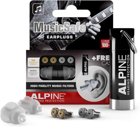 Alpine MusicSafe - High Fidelity Earplugs for Musicians - 2 Interchangeable Filter Sets: 19 & 22 dB - Professional Musician Hearing Protection - Transparent