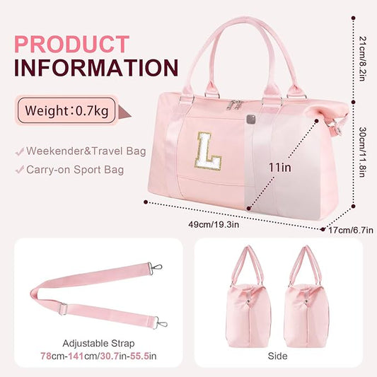 Dance Gym Duffel Bag for Teen Girls, Personalized Initial Travel Weekender Bag,Cute Overnight Carry On Duffle for Women,Sports Travel Cheer Bag,Monogram Christmas Gifts for Tween Preppy(pink-L)