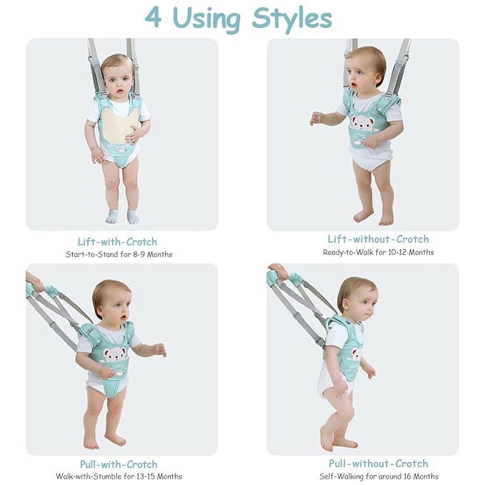 Baby Walking Harness Handheld Baby Walker Assistant Belt Adjustable Toddler Infant Walker Safety Harnesses Standing and Walking Learning Helper with Detachable Crotch for 9-24 Month (Green)