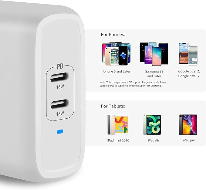 Amazon Basics 36W Two-Port USB-C Wall Charger for Tablets and Phones with Power Delivery - White, 2.34 x 1.09 x 2.21 in (PD36U-2TNB)