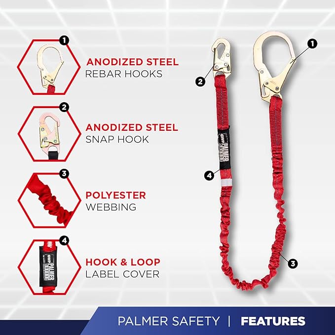 Palmer Safety L122133 6 FT Single Leg Safety Lanyard Internal Shock Absorber w/Pelican Rebar & Snap Hook I OSHA/ANSI Compliant Restraint Lanyards