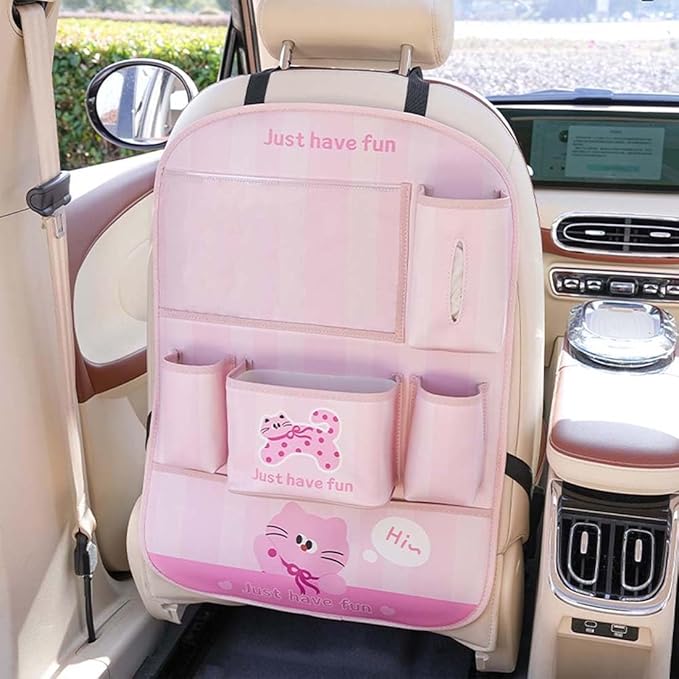 YUNZLAN Leather Backseat Car Organizer, Kick Mats Back Seat Protector with Touch Screen Tablet Holder Back Seat Organizer for Kids with 4 Storage Pockets Travel Accessories (PinkPinkCat)