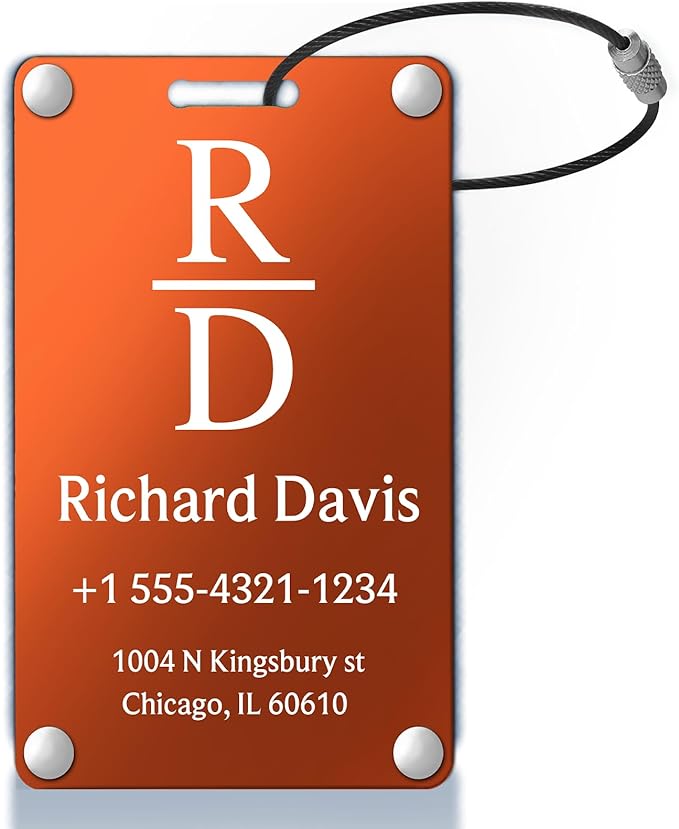 Personalized Luggage Tags for Suitcases - Monogram Style Aluminum Custom Luggage Tags for Backpacks & Bags, Sturdy, Waterproof & Heavy Duty (Orange/Card-Sized)