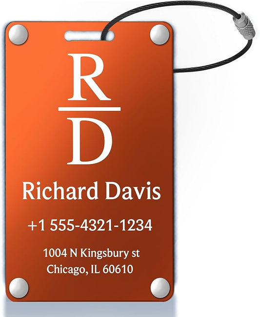 Personalized Luggage Tags for Suitcases - Monogram Style Aluminum Custom Luggage Tags for Backpacks & Bags, Sturdy, Waterproof & Heavy Duty (Orange/Card-Sized)