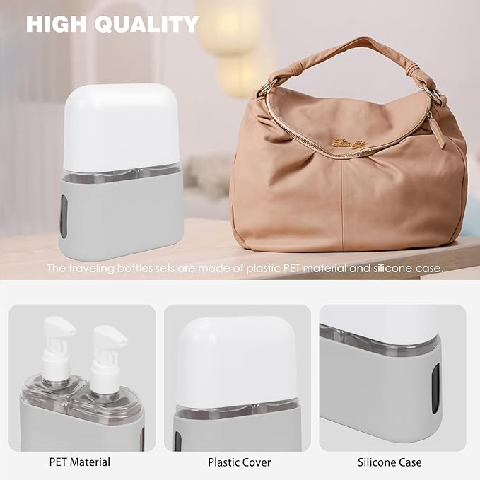 Songaa Travel Bottles Leak Proof, 2 in 1 Travel Containers for Toiletries, Refillable Plastic Bottles with Lid, Travel Accessories Shampoo Conditioner Bottles Grey