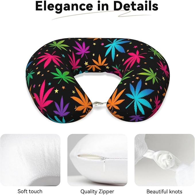 Unique Travel U Shaped Pillows Neon Weedleaf Trippy Leaves for Airplanes Car Flight, Comfortable Chin Head Neck Cushion Supporting, Polyester Removable Cover