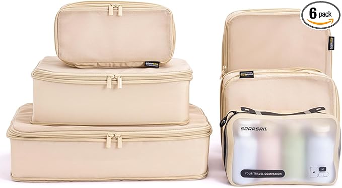 6 Set Compression Packing Cubes for Travel, Large Medium Small Luggage Organizers, Storage Bags for Clothes (6 Pack, Mist Khaki)