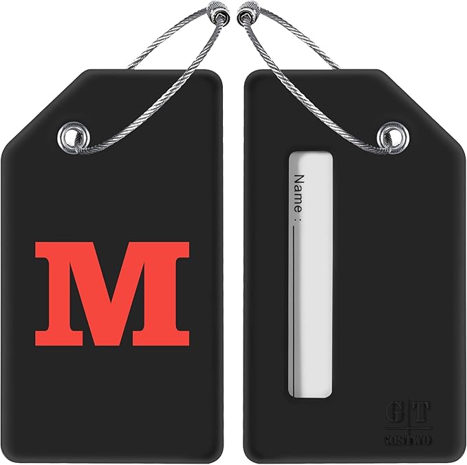 Gostwo 2 Pack Silicone Luggage Tags for Suitcases, 26 Initial Letter Baggage Labels Handbag School Bag Suitcase Instrument Tag with Stainless Steel Loop(Black)(Letter M)