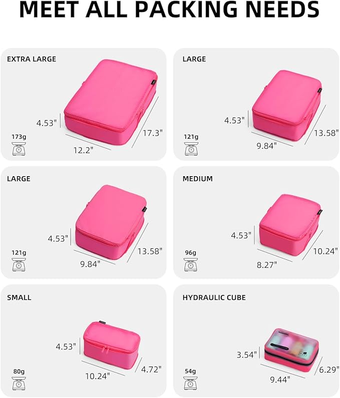 6 Set Compression Packing Cubes for Travel, Large Medium Small Luggage Organizers, Storage Bags for Clothes (6 Pack, Rose Red)
