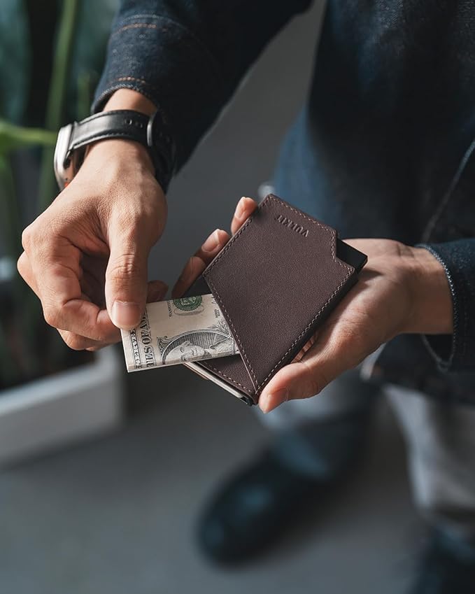 VULKIT Pop up Card Wallet Top-Grain Genuine Leather RFID Blocking Slim Aluminum Metal Bank Card Holder Case with Business Money Pocket for Credit Cards Notes and Coins Espresso