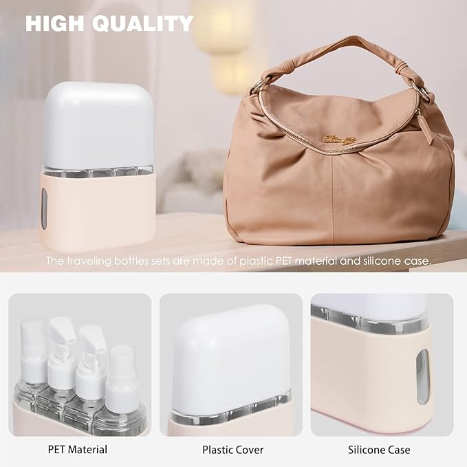 Songaa 4 in 1 Travel Containers - Leak Proof Refillable Plastic Bottles for Toiletries, Beige
