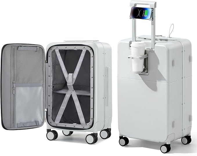 Hanke 24 Inch Luggage with Cup Holder and Charge,Top Opening Hard Shell Suitcases with Wheels and Dividers,Aluminum Frame Trunk Luggage Medium Checked Suitcase with Lock for Travel,Smoke White