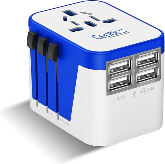 Ceptics Universal Travel Adapter Plug World Power W/ 4 USB Ports - Charge Cell Phones, Smart Watches, iPhones - For International Europe, China, UK, UAE, Australia - Type A, C, G, I