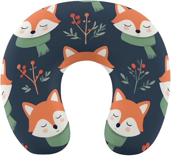 Memory Foam U-Shaped Travel Pillow Neck Pain Relief, Cute Fox U-Shape, Removable Cover Airplane Car Office