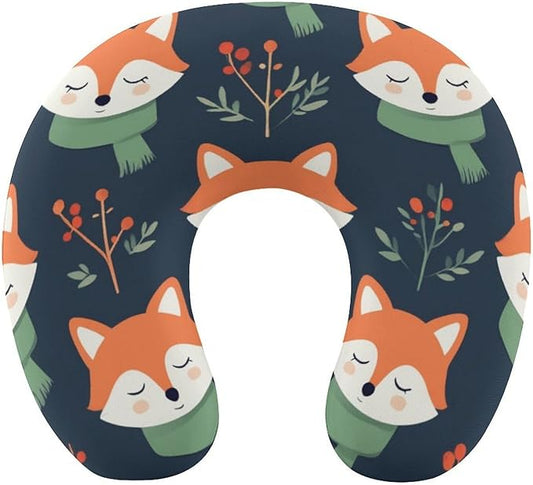 Memory Foam U-Shaped Travel Pillow Neck Pain Relief, Cute Fox U-Shape, Removable Cover Airplane Car Office