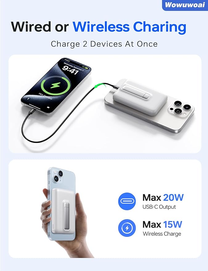 for Magsafe Portable Charger, 10000mAh Wireless Power Bank with Stand, USB C PD 20W Fast Charging Powerbank, Magnetic Battery Pack Compatible for iPhone 17/16/15/14/13/12 Series - White