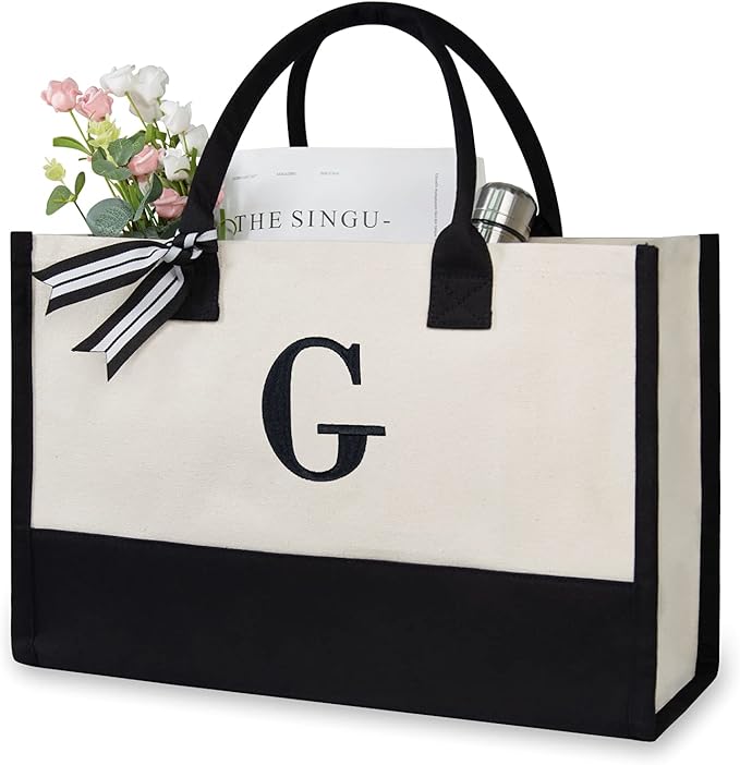 TOPDesign Personalized Initial Canvas Beach Bag, Monogrammed Gift Tote Bag for Women