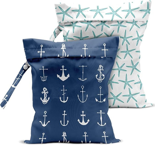2 Pcs Wet Bag, Wet Dry Bag, Wet Bag for Swimsuit, Travel, Beach, Pool, Stroller, Diapers, Dirty Yoga Gym Clothes, Toiletries, Makeup Bag, Beach Bag Ocean Starfish Anchor Décor Birthday Gift for Women.