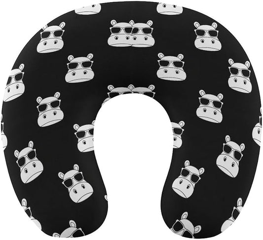 Youth Travel Neck Pillow Soft Memory Foam Chin Support Hippo Hippopotamus Wearing Sunglasses, Washable Cover for Boys Girls Airplane Car School Rest