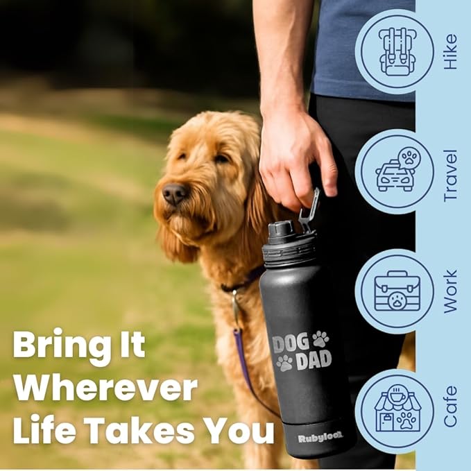 Dog Dad Water Bottle – 32 oz Stainless Steel Double Wall Insulated with 8 oz Detachable Bowl on Bottom – Cool Dog Dad Gifts for Men for Christmas, Birthdays or Gift from The Doggy – DD Black