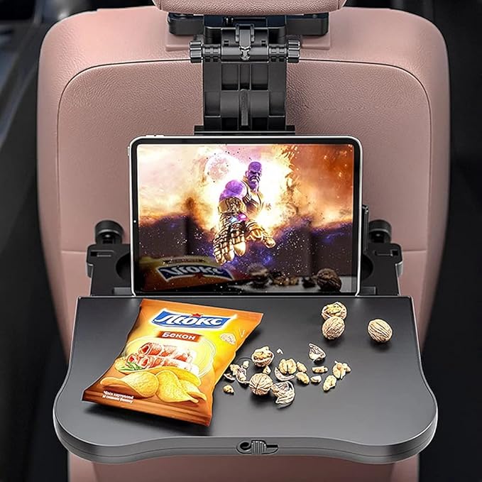 Oshotto Car Back Seat Tray Table – Foldable Auto Backseat Desk for Laptop, Food with Cup Holder, 360 Degree Rotating Adjustable Travel Tray with Phone/Tablet Holder, Universal Fit