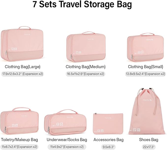 Packing Cubes for Travel, Hanke 7 Set Packing Cubes with Double Zipper,Compression Travel Bags Expandable Design,Durable Packing Organizers for Suitcase Backpack and Carry-On